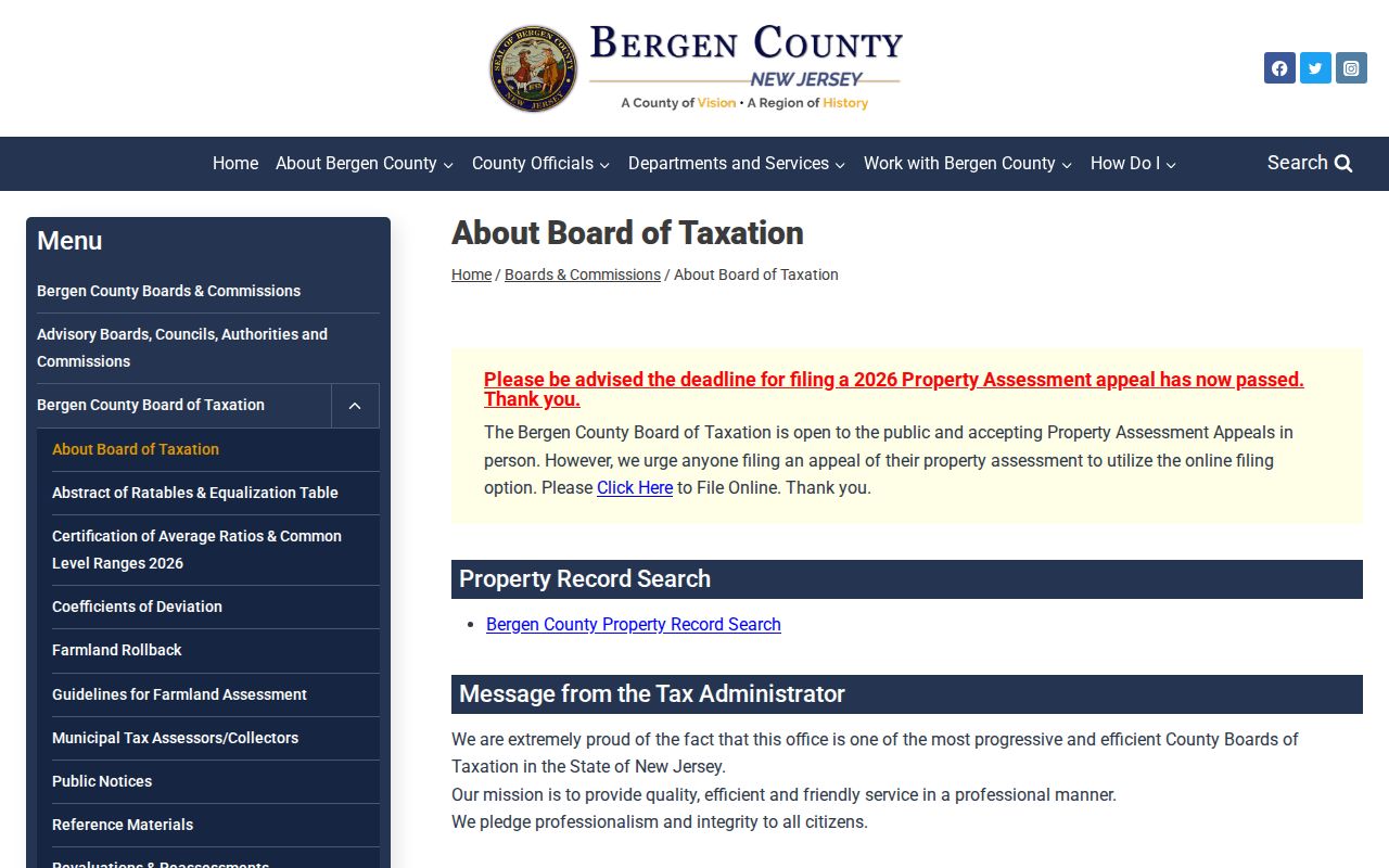 Hackensack street directory Bergen County tax board property search route